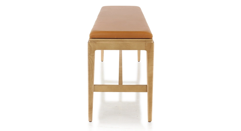 Banc design bois teinte naturelle assise cuir caramel L120 cm