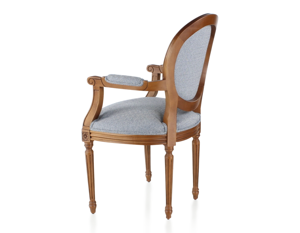 Antique Louis XVI style armchair with armrests aged wood stain and blue chevron fabric