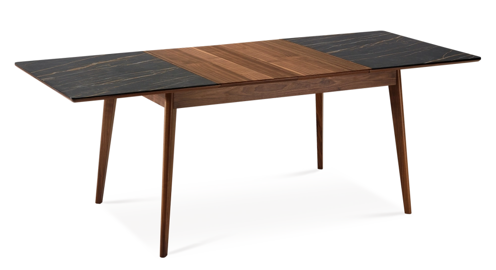 Table extensible 6 à 8 personnes en noyer et céramique allonges bois avec bois teinte naturelle et plateau céramique effet marbre noir 140x90 cm