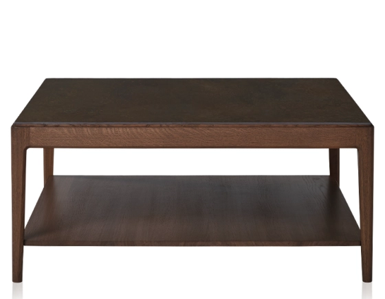 Table basse carrée en chêne et céramique avec tablette en bois teinte marron foncé plateau céramique brun oxydé 100x100 cm