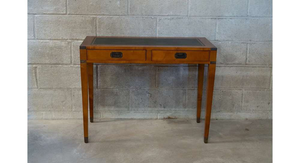 Bureau marine 2 tiroirs bois teinte merisier et cuir vert