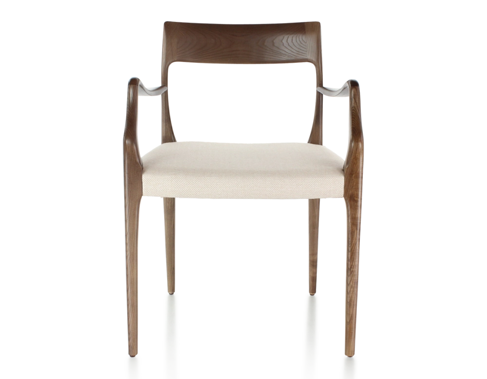 Chaise scandinave avec accoudoirs bois teinte marron foncé assise tissu chevron beige