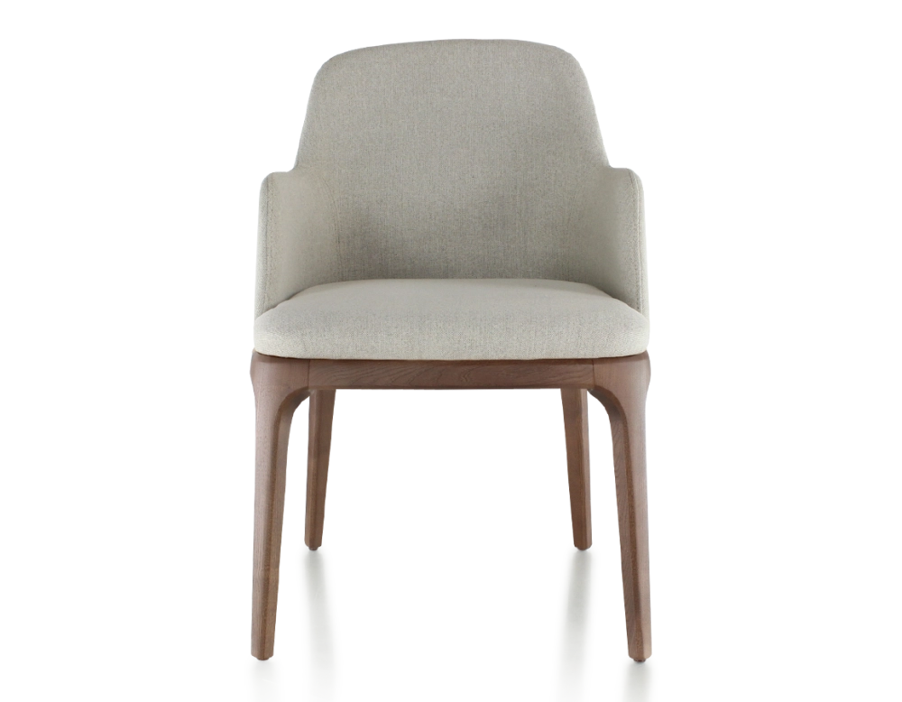 Chaise design avec accoudoirs bois teinte marron foncé et tissu beige naturel