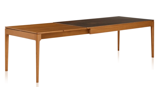 Table extensible 6 à 10 personnes en chêne et céramique allonges bois avec bois teinte merisier et plateau céramique brun oxydé 160x100 cm