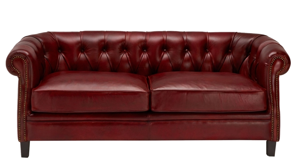 Canapé Chesterfield cuir 2 places rouge carmin accoudoirs cloutés