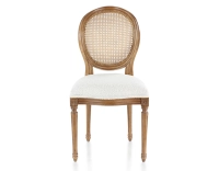 Chaise ancienne style Louis XVI bois teinte ancienne dossier canné assise tissu bouclé blanc