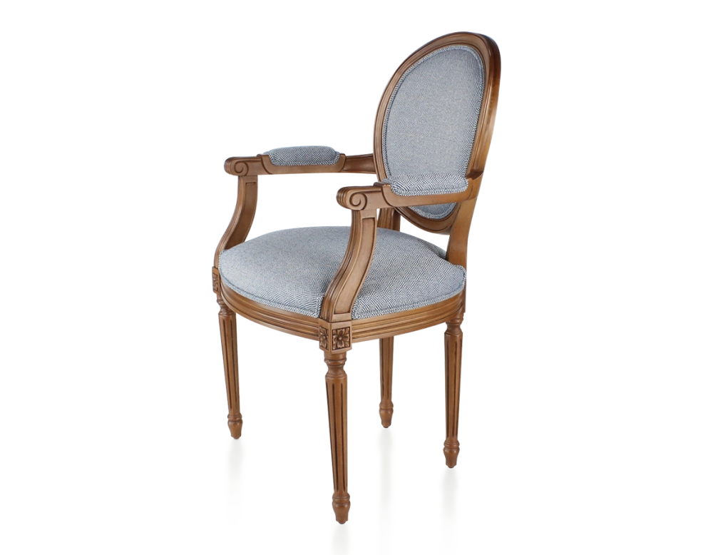 Antique Louis XVI style armchair with armrests aged wood stain and blue chevron fabric