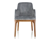 Chaise design avec accoudoirs bois teinte merisier et tissu velours gris