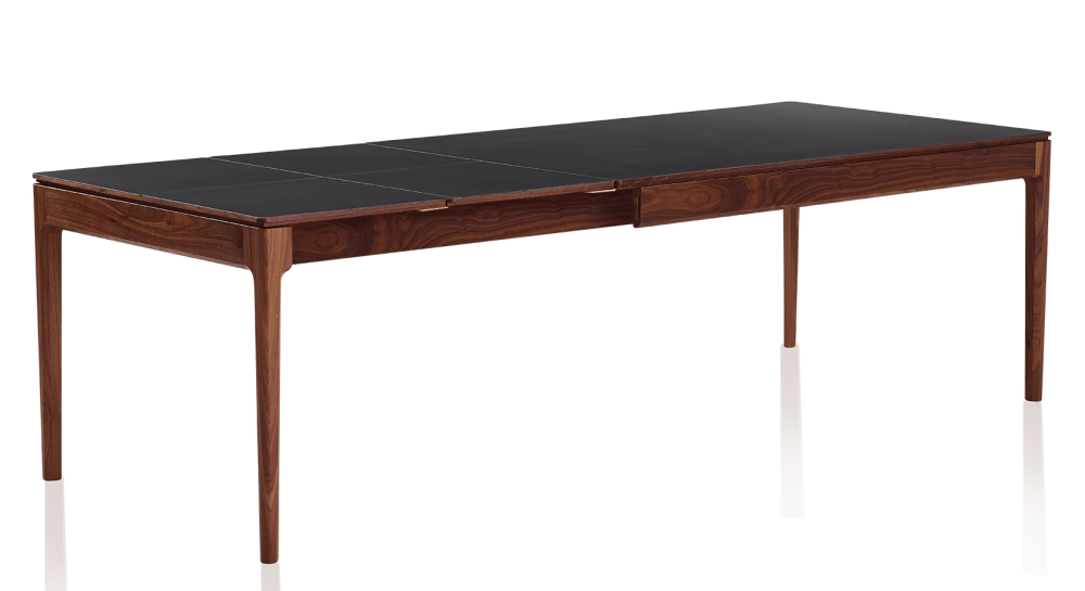 Table extensible 8 à 12 personnes en noyer et céramique allonges céramique avec bois teinte naturelle et plateau et allonges céramique noire unie 210x100 cm