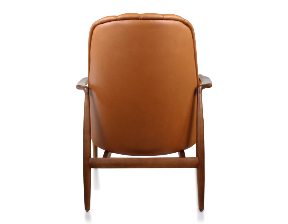 Fauteuil design bois teinte merisier et cuir caramel