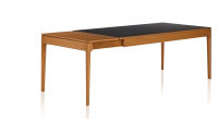 Table extensible 6 à 10 personnes en chêne et céramique allonges bois avec bois teinte merisier et plateau céramique noir unie 140x90 cm