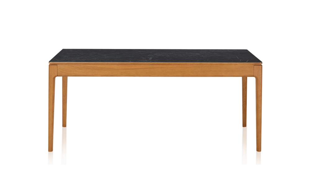 Table salle à manger 6 personnes en chêne et céramique avec bois teinte merisier et plateau céramique effet ardoise 140x90 cm