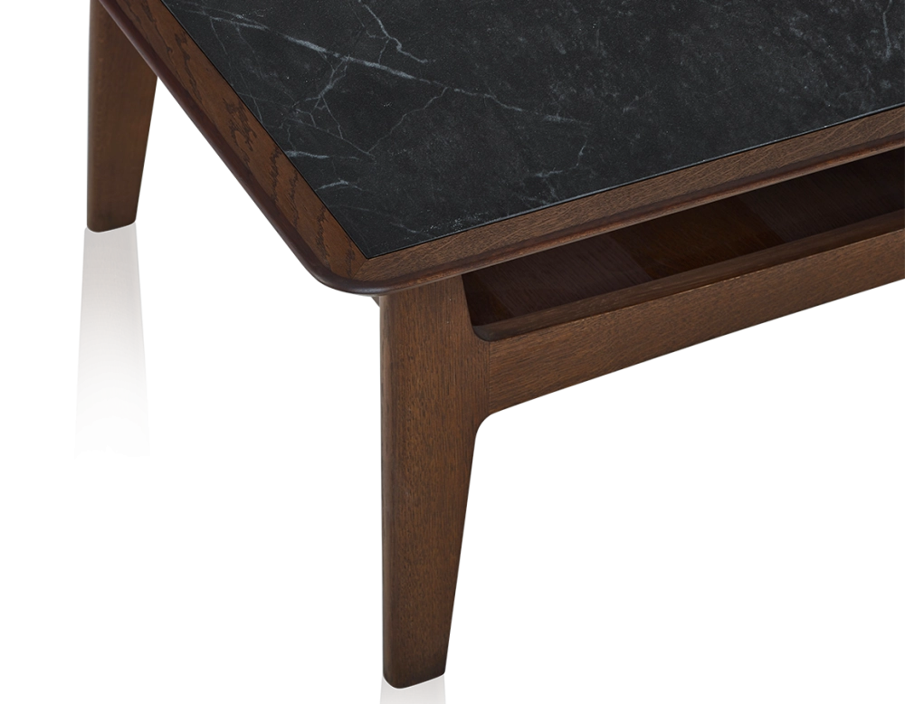 Square coffee table in oak and ceramic with dark brown stained wood and slate effect ceramic top 100x100 cm