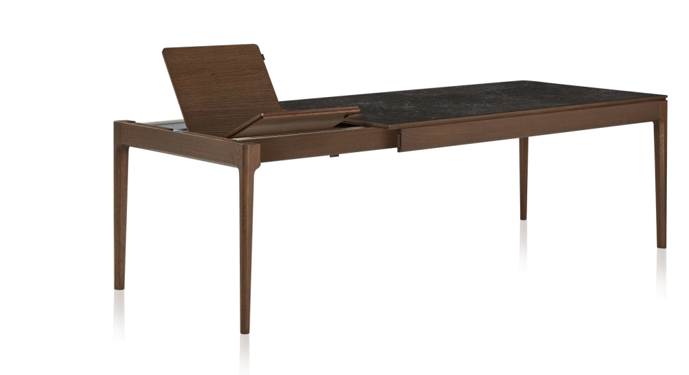 Table extensible 6 à 10 personnes en chêne et céramique allonges bois avec bois teinte marron foncé et plateau céramique effet ardoise 140x90 cm