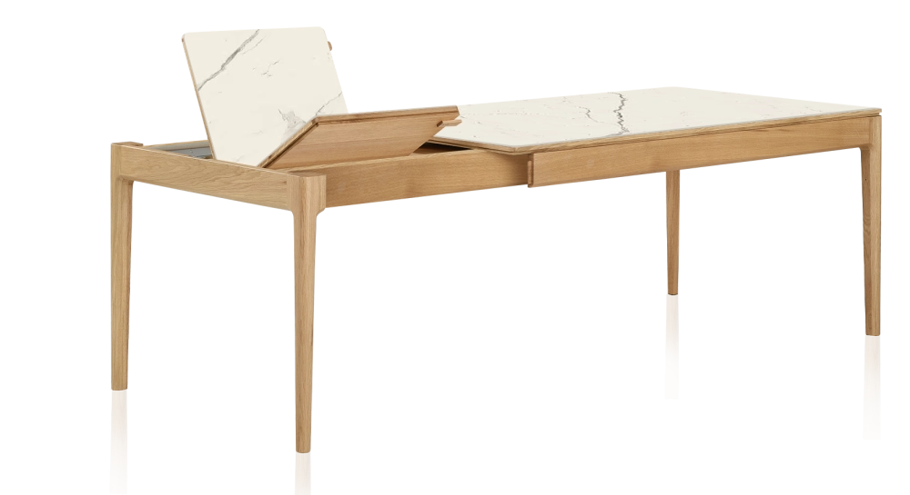 Table extensible 6 à 10 personnes en chêne et céramique allonges céramique avec bois teinte naturelle et plateau et allonges céramique effet marbre blanc 160x100 cm
