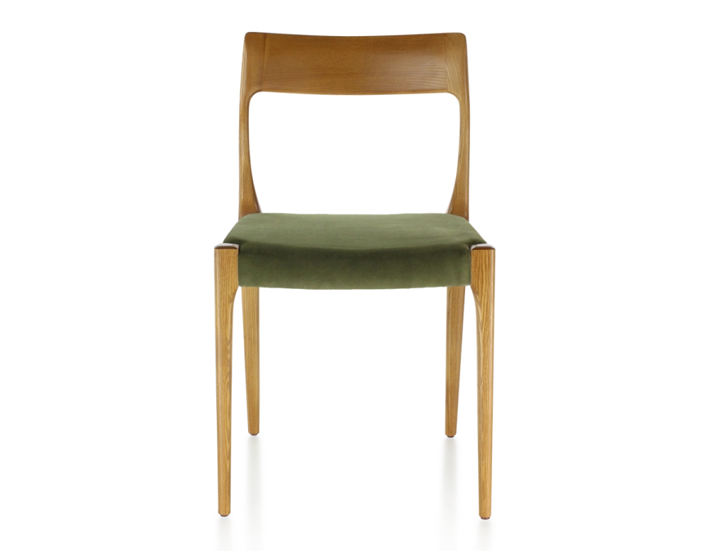 Chaise scandinave bois teinte merisier assise tissu vert olive