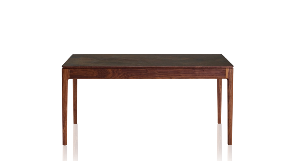 Walnut and ceramic extending table for 6 to 10 people with ceramic extensions with natural stained wood and oxidised brown ceramic top 140x90 cm