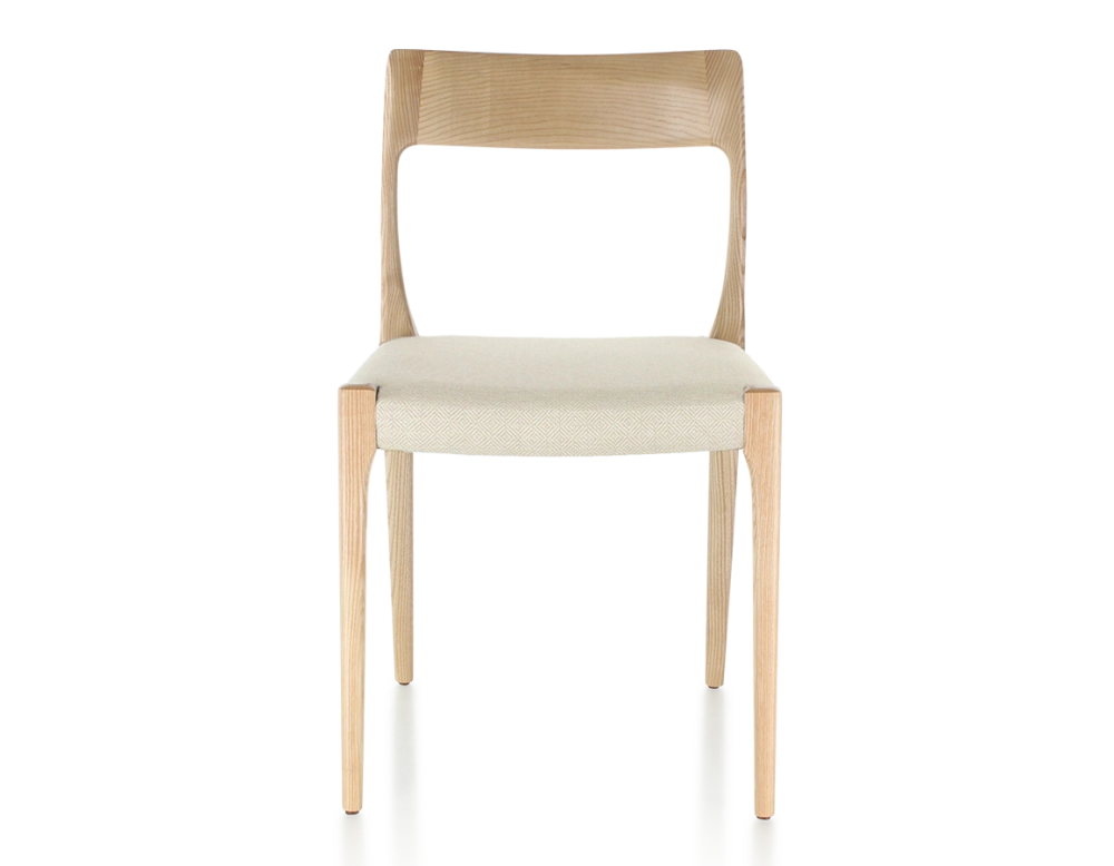 Chaise scandinave bois teinte naturelle assise tissu chevron beige