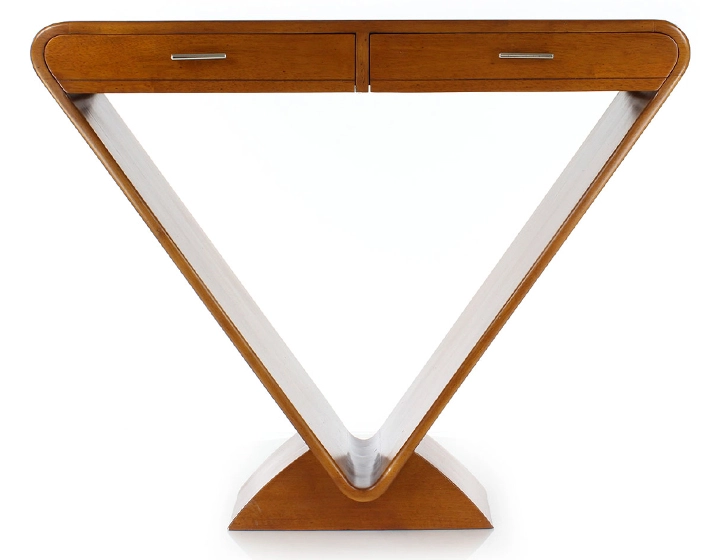 Console art déco double tiroirs bois teinte merisier