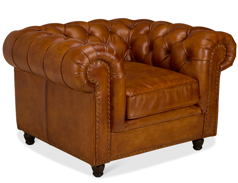 Fauteuil chesterfield cuir marron clair accoudoirs cloutés
