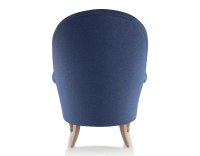 Fauteuil crapaud avec accoudoirs pieds bois teinte noyer et tissu bleu marine haut dossier