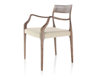 Chaise scandinave avec accoudoirs bois teinte marron foncé assise tissu camel