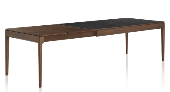 Table extensible 6 à 10 personnes en chêne et céramique allonges bois avec bois teinte marron foncé et plateau céramique effet ardoise 140x90 cm