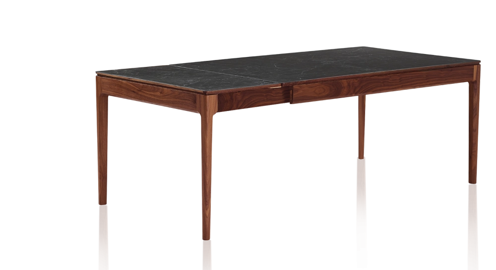 Table extensible 8 à 12 personnes en noyer et céramique allonges céramique avec bois teinte naturelle et plateau et allonges céramique effet ardoise 210x100 cm