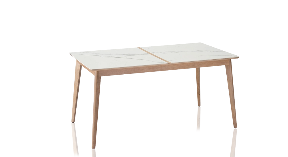 Table extensible 6 à 8 personnes en chêne et céramique allonges bois avec bois teinte naturelle et plateau céramique effet marbre blanc 160x100 cm