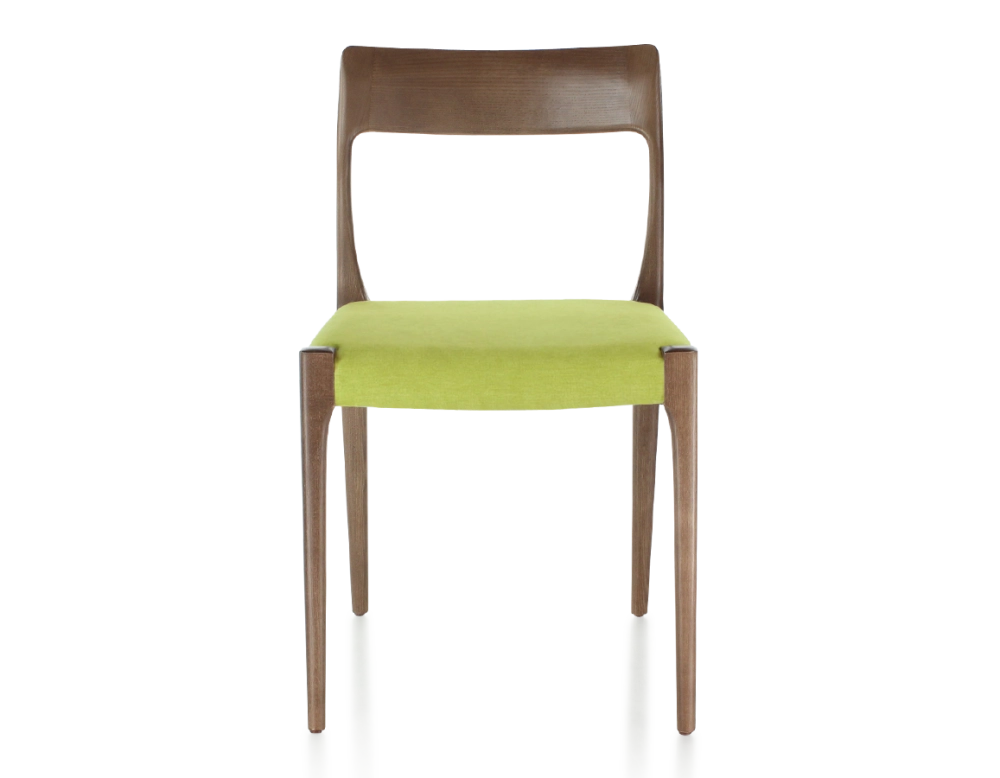 Chaise scandinave bois teinte marron foncé assise tissu vert pomme