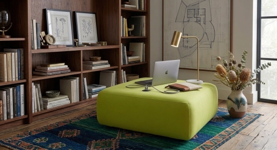 Pouf en tissu vert anis