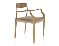 Chaise scandinave avec accoudoirs bois teinte merisier assise tissu velours taupe clair