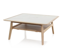 Table basse carrée en chêne et céramique avec bois teinte naturelle plateau céramique effet marbre blanc 100x100 cm