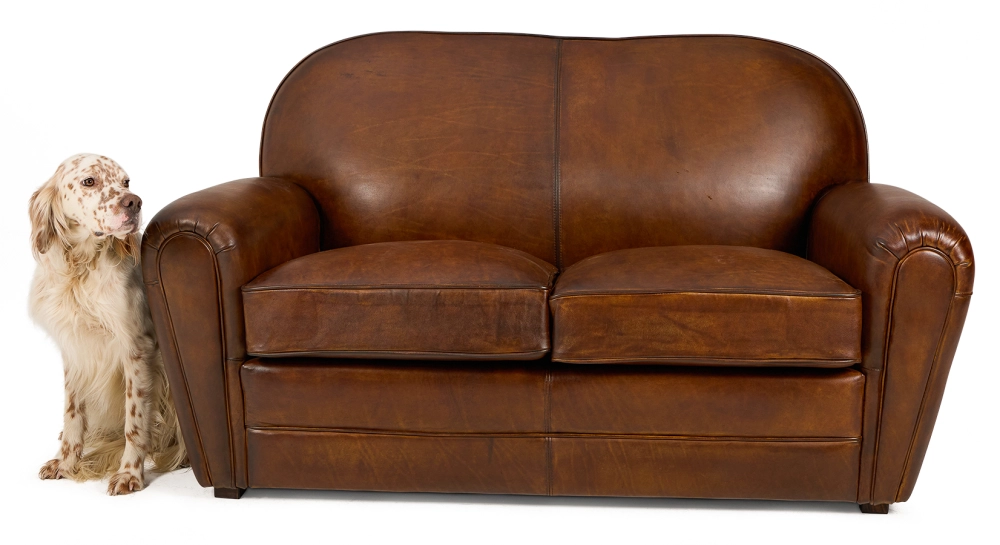 Canapé club cuir 2 places marron vintage accoudoirs passepoil