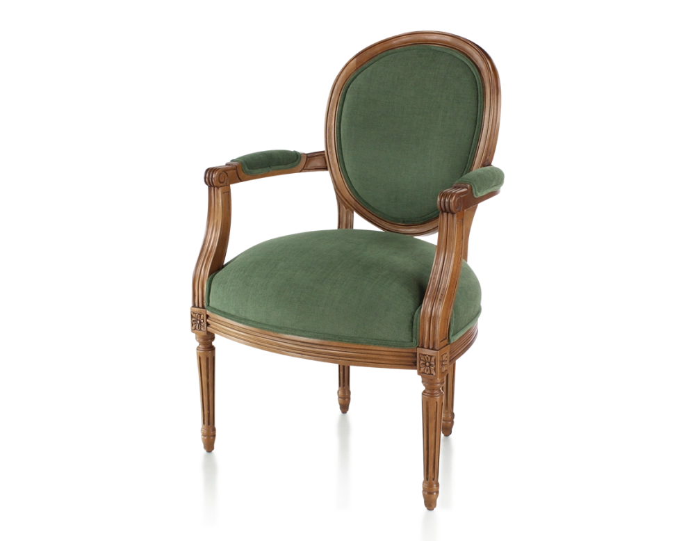 Sillón antiguo estilo Luis XVI madera con tinte envejecido y tejido verde oscuro