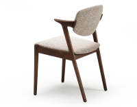 Scandinavian chair dark brown stained wood with fusion fabric seat.