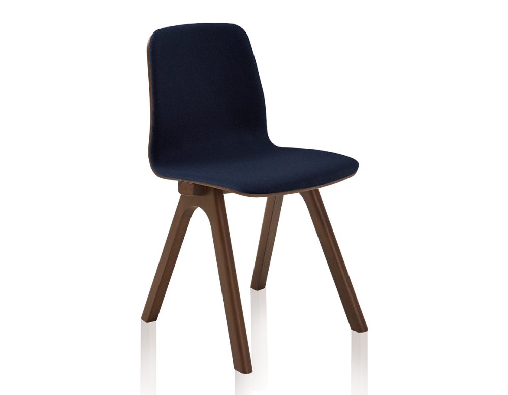 Upholstered oak designer chair dark brown stained wood, navy blue fabric seat