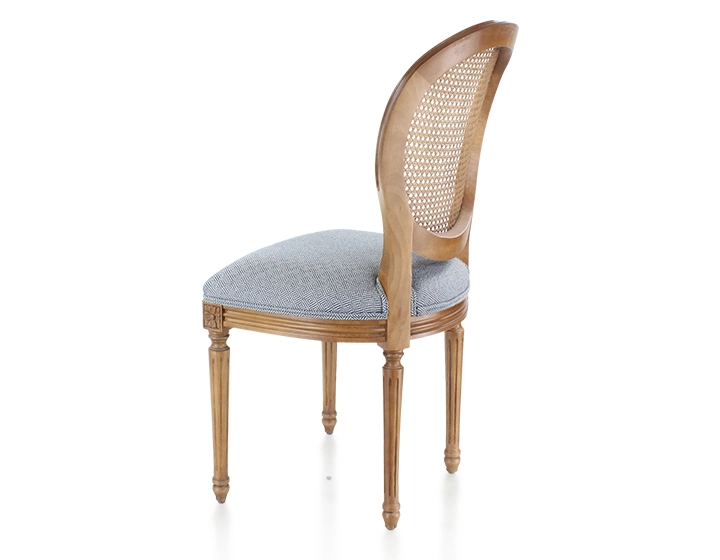 Chaise ancienne style Louis XVI bois teinte ancienne dossier canné assise tissu chevron bleu