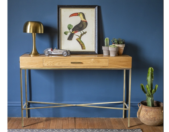 Console design frêne teinte naturelle et métal patine laiton 100 cm