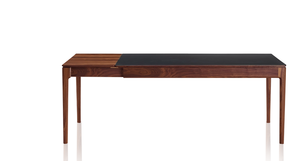 Extending table for 8 to 12 people in walnut and ceramic with wooden extensions with natural stained wood and plain black ceramic top 180x100 cm