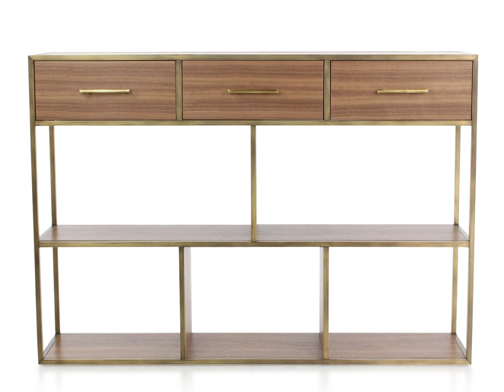 Console design natural tint walnut and brass patina metal