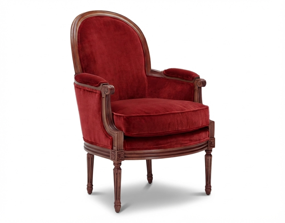 Fauteuil bergère mouluré style Louis XVI bois teinte ancienne et tissu bordeaux