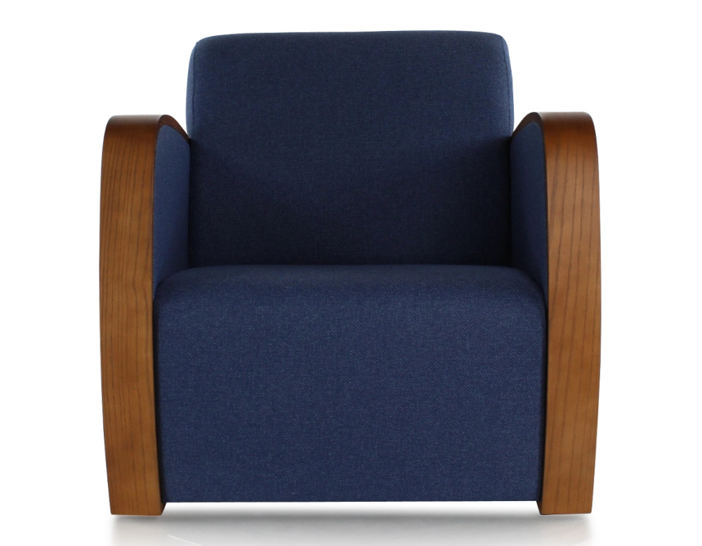 Fauteuil design bois teinte merisier et tissu bleu marine
