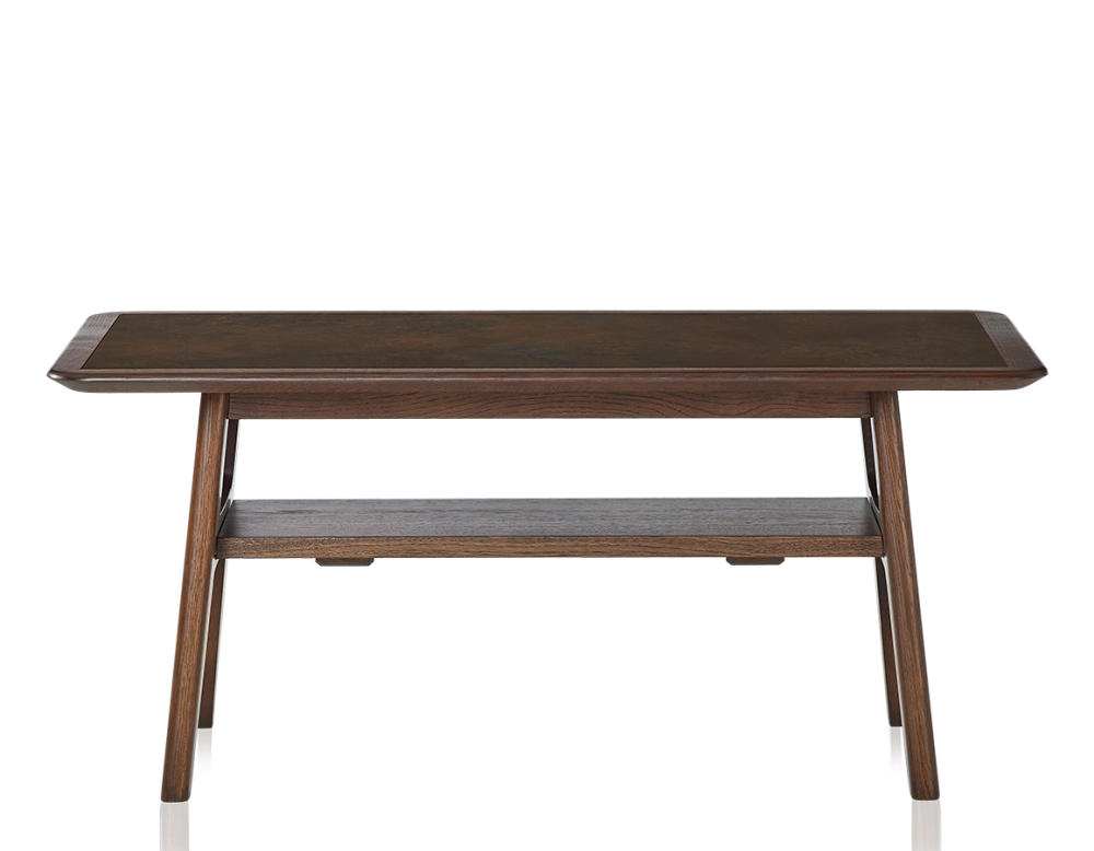 Table basse rectangulaire en chêne et céramique avec bois teinte marron foncé plateau céramique brun oxydé 100x50 cm