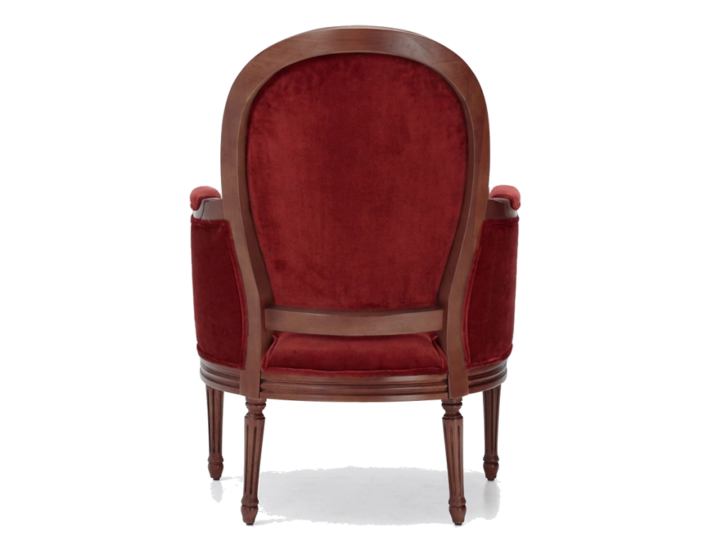 Fauteuil bergère mouluré style Louis XVI bois teinte ancienne et tissu bordeaux