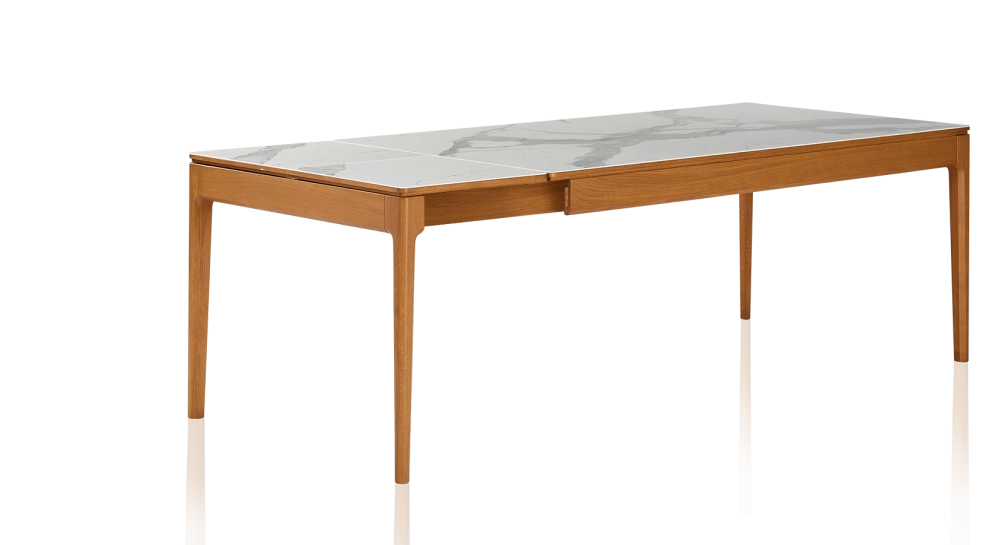 Table extensible 6 à 10 personnes en chêne et céramique allonges céramique avec bois teinte merisier et plateau et allonges céramique effet marbre blanc 160x100 cm