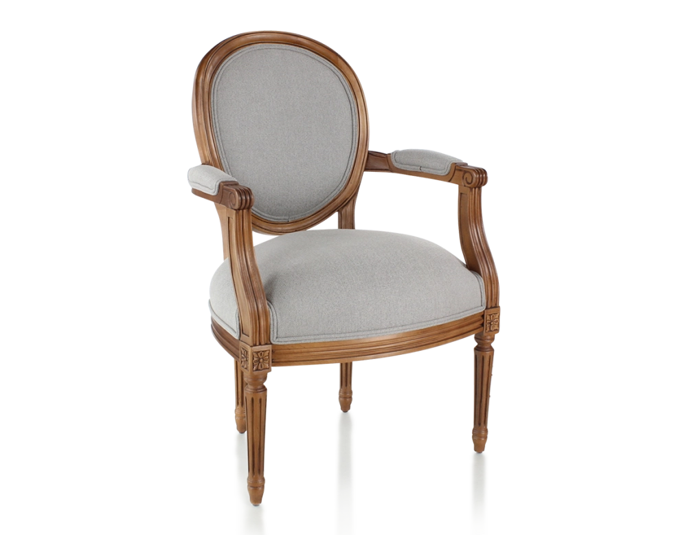 Sillón antiguo estilo Luis XVI madera con tinte envejecido y tejido gris claro