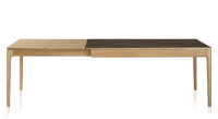 Extendable table for 6 to 10 people in oak and ceramic with wooden extensions with natural stained wood and oxidised brown ceramic top 140x90 cm