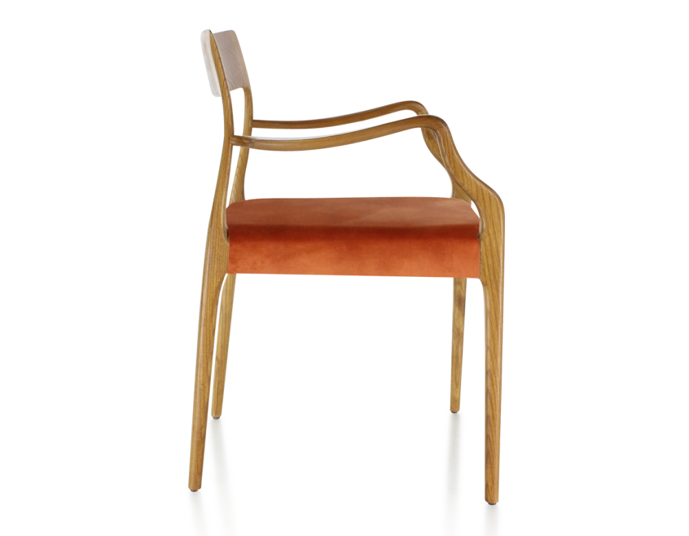 Scandinavian armchair with armrests cherry-stained wood, terracotta velvet seat