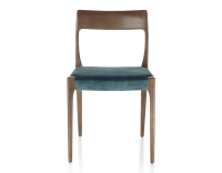 Silla escandinava madera tintada marrón oscuro asiento tejido terciopelo azul petróleo